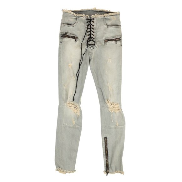 NEW UNRAVEL PROJECT Blue Distressed Denim Lace Up Skinny Jeans Size 28 $875 - Picture 1 of 4